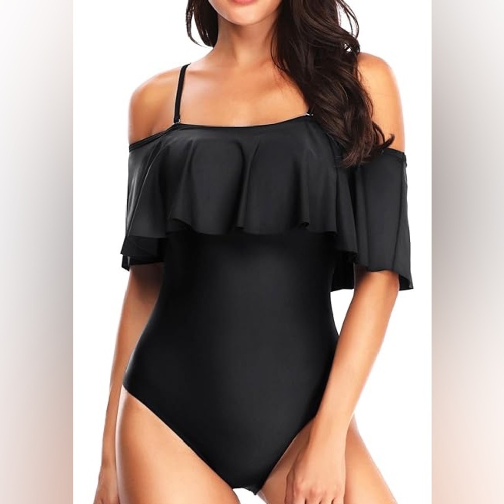 NWT BCBGMaxazria Black Ruffle Sleeve One Piece Swimsuit Size Large